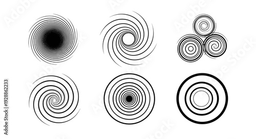 Collection of six abstract spiral designs with various patterns and styles