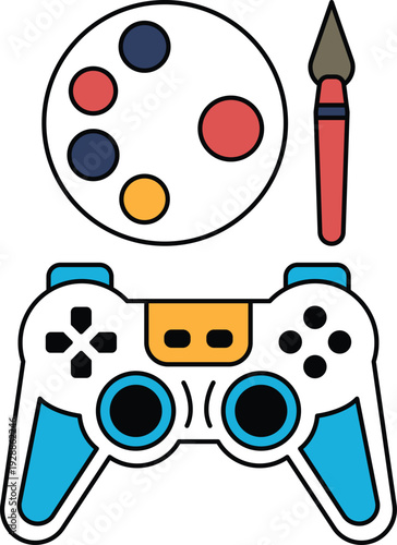 A video game controller and a paintbrush are on a white background