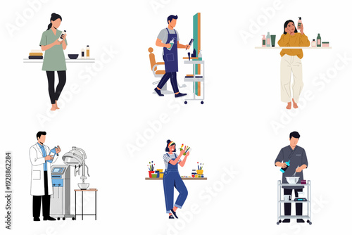 A collection of illustrations depicting various beauty and hair care professionals at work, from hairstyling and product formulation to client consultation and color selection.