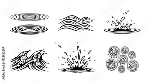 Collection of water ripple splash and wave illustrations in black