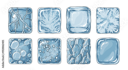 Collection of ice cubes with different textures and shapes
