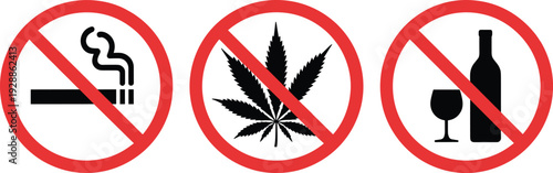 PrintProhibition signs for smoking marijuana alcohol, health safety warning icons, no tobacco cannabis wine, restricted substances, public awareness illustration
