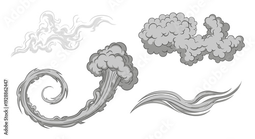 Illustration of various stylized clouds and wind patterns