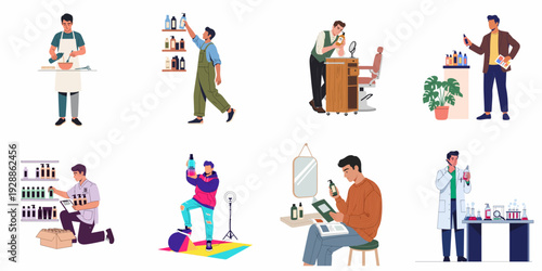 Collection of illustrations depicting men's hair care and grooming: from product formulation and stock management to barber services, personal use, and social media influencing.