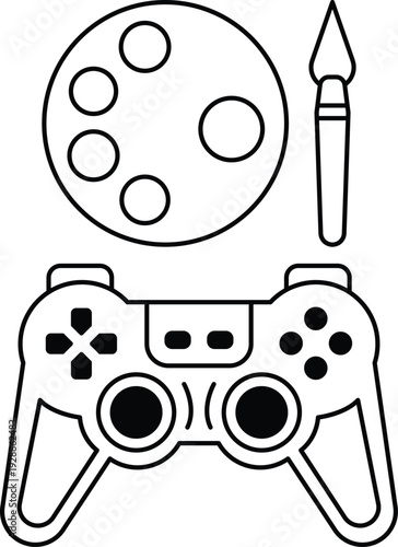 A video game controller and a paintbrush are on a white background