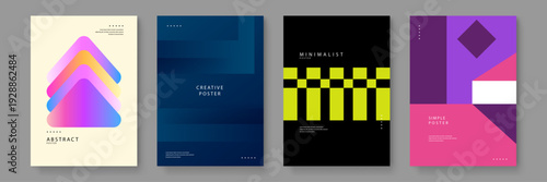 Set of four modern posters featuring abstract shapes vibrant gradients and minimalist layouts for creative branding projects