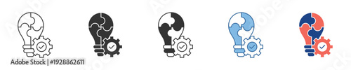 Conceptual innovation journey versatile icons depicting strategic development, problem-solving, and successful implementation of optimized global solutions