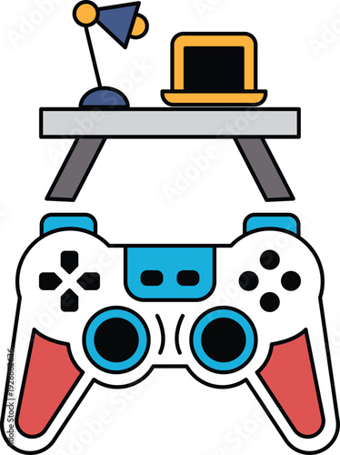 A black and white image of a video game controller with a laptop