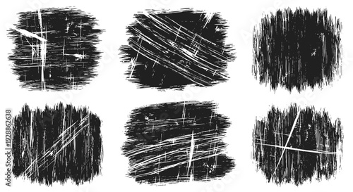 Set of six black abstract brush strokes with textured appearance