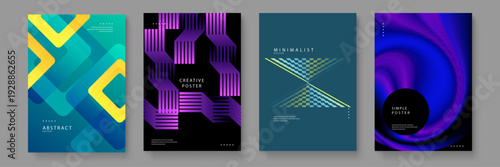 A set of futuristic posters featuring neon gradients fluid swirls and complex geometric line work for tech branding