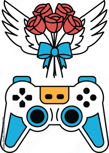 A black and white drawing of a video game controller and a bouquet of roses