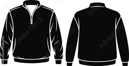 PrintPullover jacket silhouette illustration, quarter zip front, long sleeve design, fashion apparel sketch, front and back technical viewPullover jacket silhouette illustration, qu