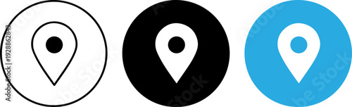 Set of modern map pin icons in black, white, and blue