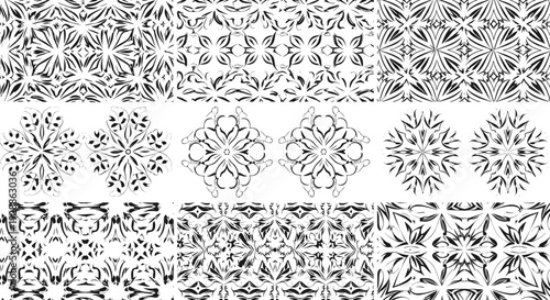 Set of intricate black and white ornamental floral patterns for design