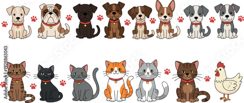 Cute cartoon dogs and cats vector set with different breeds, sitting pets and paw prints illustration collection