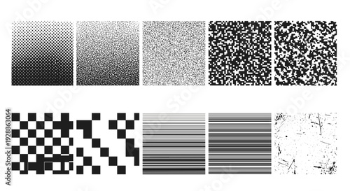 Collection of various black and white noise and pixelated textures