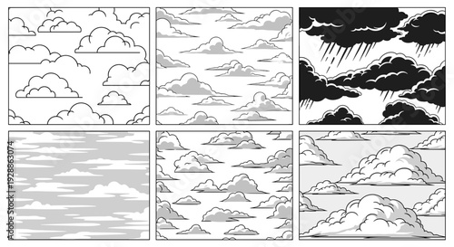 Collection of various cloud illustrations in different styles and shapes