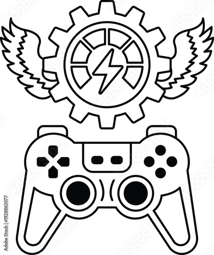 A black and white drawing of a video game controller with a gear