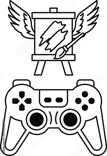 A black and white drawing of a video game controller and a paintbrush