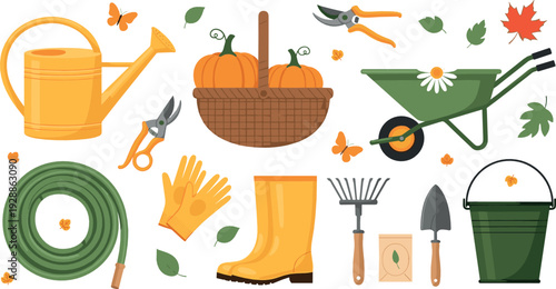 Autumn gardening tools set with pumpkins, wheelbarrow and rubber boots illustration