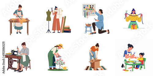 Diverse women and a child performing various tasks requiring scissors: crafting, sewing, tailoring, gardening, gift wrapping, and packaging.