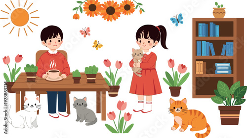 Children caring for cats vector illustration set with indoor plants, flowers and cozy home scene