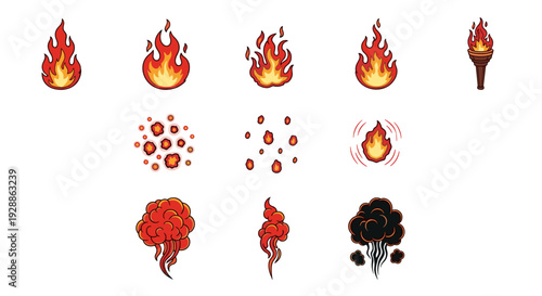 Collection of various fire icons and flames in different styles
