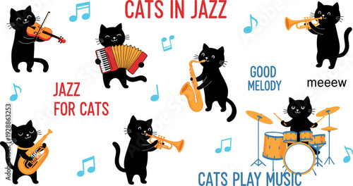 Cats in jazz band illustration – cute black cats playing saxophone, trumpet and drums