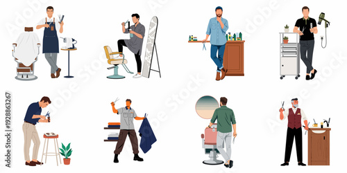 A comprehensive collection of diverse male barbers and hair stylists, featuring various poses, tools, and salon equipment, depicting professional grooming services.