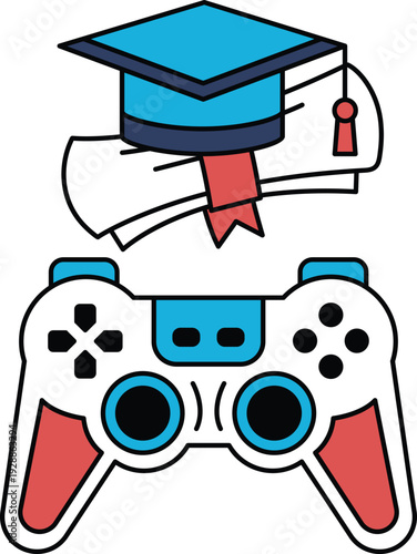A black and white drawing of a video game controller with a graduation cap