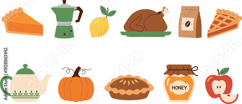 Cozy autumn food and drink vector set with pumpkin pie, roast turkey, coffee and honey illustration
