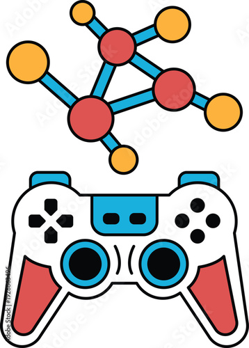 A black and white image of a video game controller with a molecule on the side