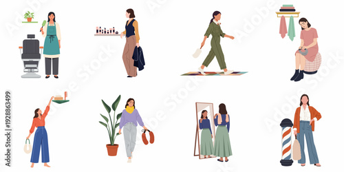 Contemporary flat design illustrations of women pursuing fashion, beauty, and wellness activities, including salon, shopping, and self-care.