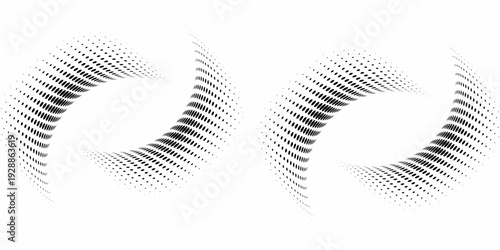 Abstract dotted halftone waves collection. Black and grey digital wavy dot, twisted wave line and halftone gradient pattern