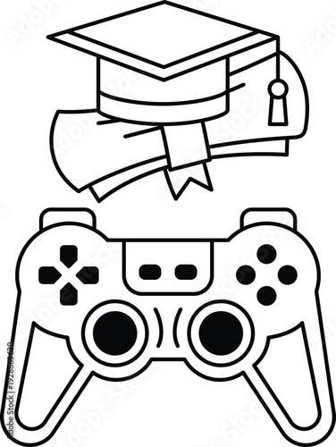 A black and white drawing of a video game controller with a graduation cap