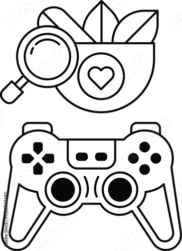 A black and white drawing of a video game controller and a magnifying glass