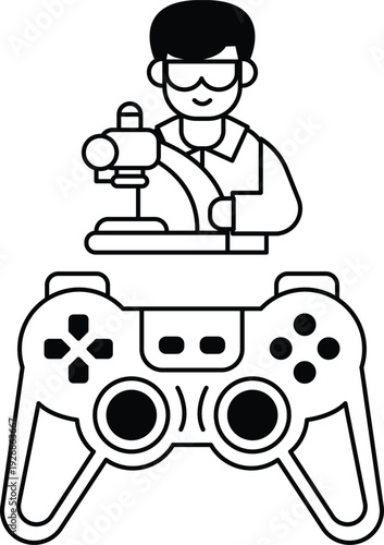 A man is holding a video game controller and a microscope