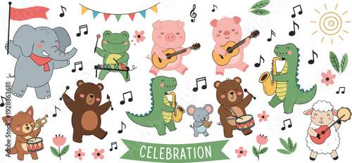 Cute animal celebration vector illustration set with dancing bear, elephant, crocodile and music party theme