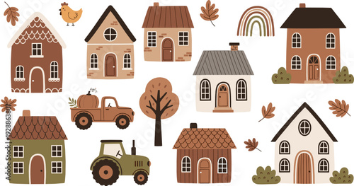 Cute autumn village houses vector set with farmhouse, tractor, tree and cozy fall countryside illustration