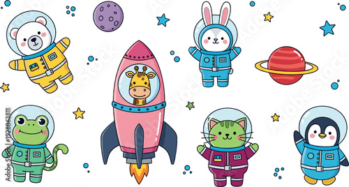 Cute animal astronauts set with rocket – cartoon space animals illustration