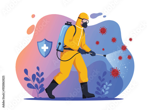 Person in hazmat suit spraying disinfectant killing virus germs with sprayer and shield with cross on colorful background with plants