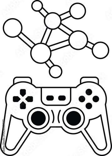 A black and white image of a video game controller with a molecule on the side