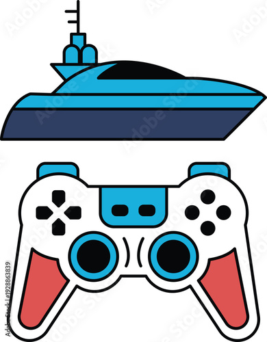 A black and white image of a boat and a video game controller