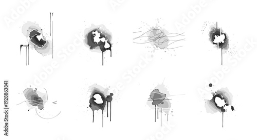 Collection of abstract black ink splashes and paint drips