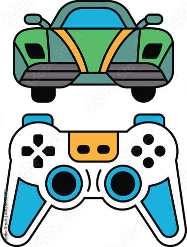 A car and a video game controller are shown side by side