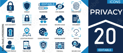 Privacy solid  icon set  privacy, security, data, protection, lock, safety, and firewall. Professional editable vector set for cyber security.

