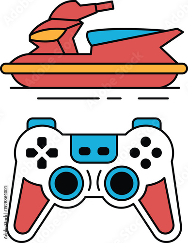 A black and white drawing of a video game controller and a jet ski
