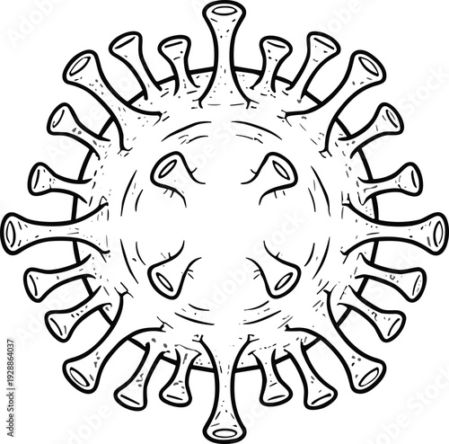 Virus line drawing illustration, spherical structure, spike proteins, coronavirus silhouette, medical vector design, healthcare graphic art, biology science icon