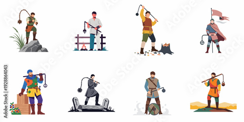 Various medieval characters with flails, including a flag bearer, depicted in a simple flat vector illustration style.