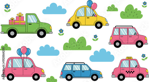 Cute cartoon cars vector set with taxi, pickup truck, family vehicles and balloons in playful children illustration style